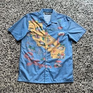 Volcom California Shirt State Map Graphic Button Down Blue Short Sleeve Medium